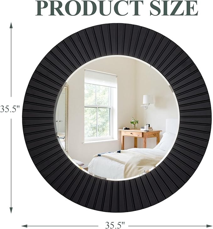 Chende 36'' Black Circle Mirror for Bathroom, Large Round Mirror with Wood Frame, Elegant Accent Rustic Black Mirrors for Living Room, Dining Room, Bedroom, Entryway