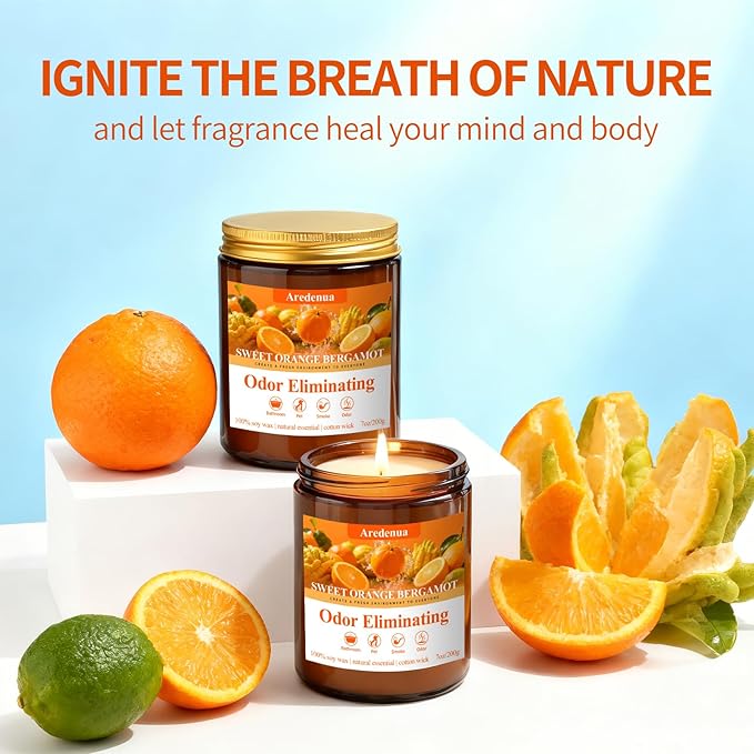 Sweet Orange Bergamot Odor Eliminating Candle | Eliminates 95% of Pet, Smoke & Bathroom Odors | 7oz Hand Poured Non-Toxic Soy Candle | Air Freshening Scented Candle for Positive & Relaxation