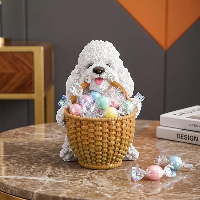 Dog Resin Storage Basket, Desktop Organizer for Remote & Keys, Cute Home Decor Tray, Ideal present for Pet Lovers.(White Poodle)