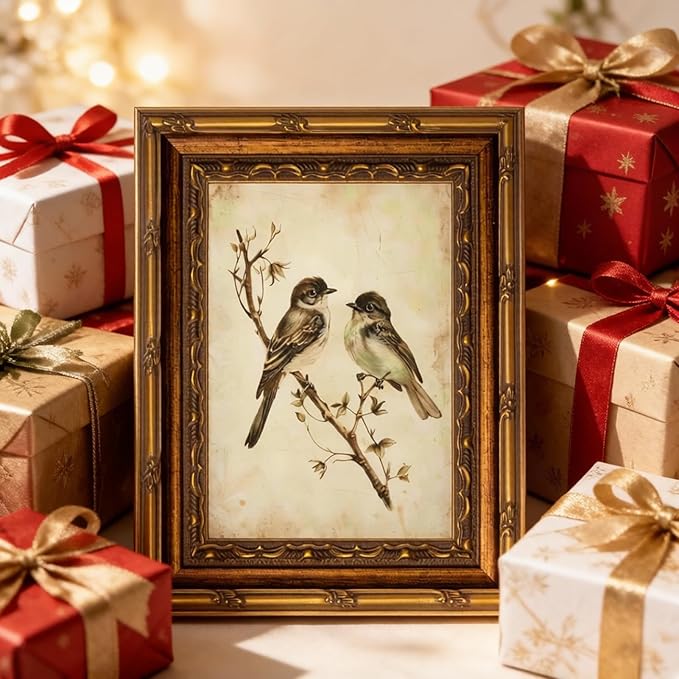 Vintage Gold Framed Wall Art Neutral Summer Bird Wall Art Vintage Botanical Birds Nature Wall Decor Picture Rustic Cottage Gallery Poster Print for Living Room Bedroom 9x11in
