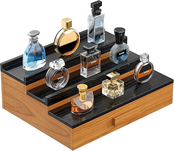 Solid Walnut Wood Cologne Organizer for Men, 3 Tier Cologne Stand Display Shelf with Hidden Compartment and Drawer, Perfume Stand Organizer, Perfume Display Holder, Great Gift for Men Father