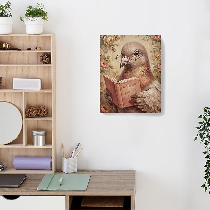 TAZSWDMM Pigeon Reading Book Framed Canvas Wall Art Posters, Book Lover Reader Gifts, Pooping on People Quirky Bird Wall Art Prints for Home Bathroom Reading Room Decor, 11x14 Inch