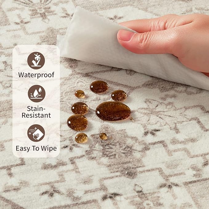 Rugxara 8x10 Washable Area Rug for Living Room, Vintage Neutral Extra Large Boho Rugs for Office, Kids Room, Farmhouse, Durable Low Pile Non Slip Carpet for High Traffic Areas, Cream