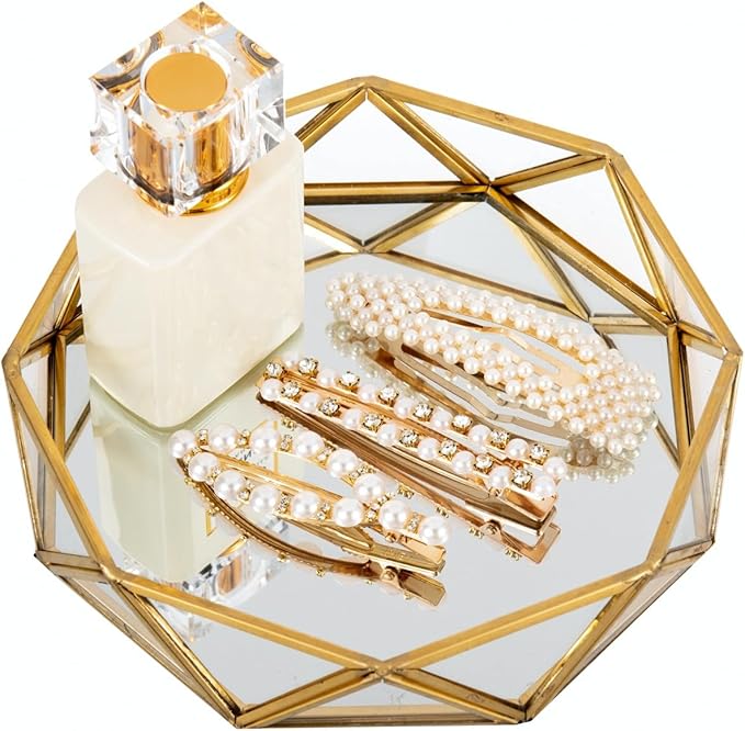 Feyarl Small Gold Glass Perfume Tray Jewelry Trinket Organizer Tray Ornate Vanity Cosmetic Makeup Display Decorative Tray for Home Decor Dresser Tabletop Countertop (7inch)