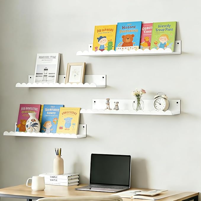 24 Inch Nursery Book Shelves Set of 4, White Metal Floating Shelves for Wall, Scalloped Cloud Book Shelf for Kids Room, Bathroom, Bedroom, Playroom Wall Decor & Storage