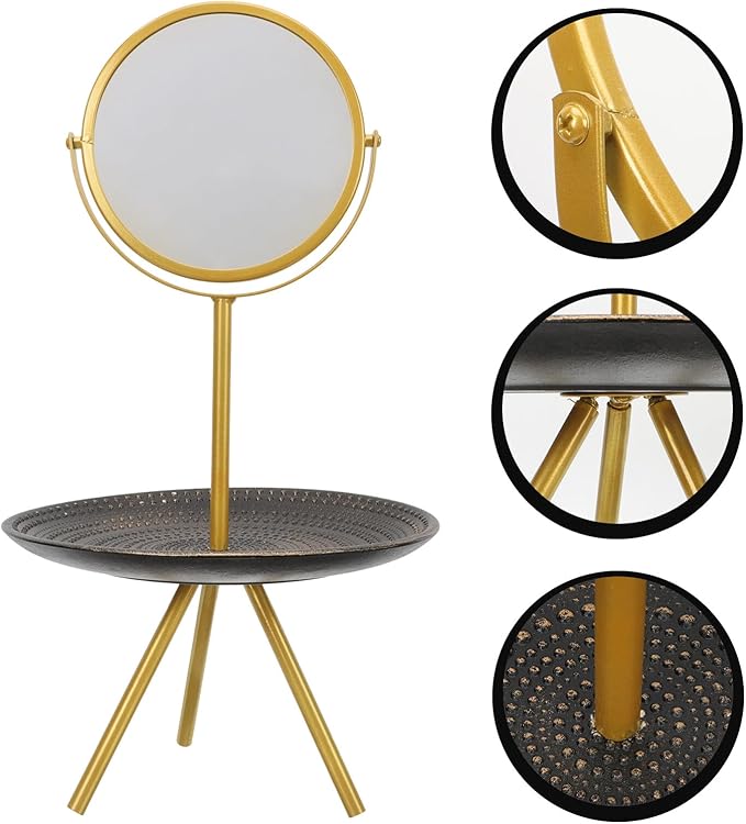 CLISPEED Makeup Mirror with Jewelry Tray Rotatable Tabletop Mirror for Bedroom, Gold Finish Vanity Cosmetic Organizer for Women