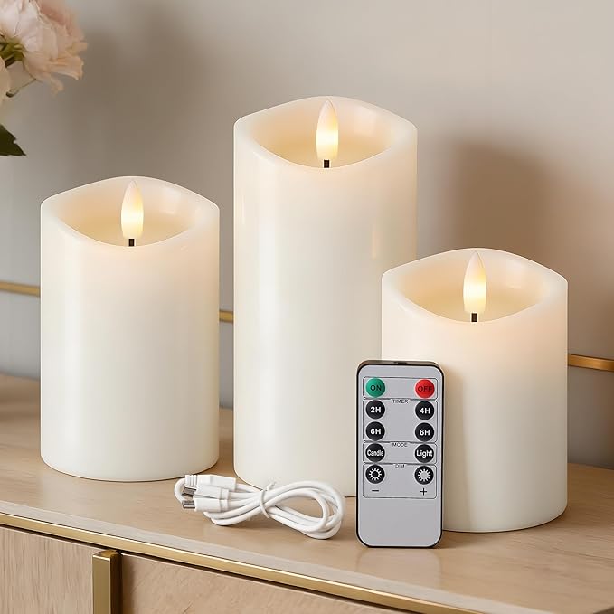 Rechargeable Flickering Flameless Candles Melted Edge Battery Operated with Remote and Timer, Real Wax LED USB Type-C Pillar Candles, Set of 3 (3" x 4",5",6"), White,Home Decor