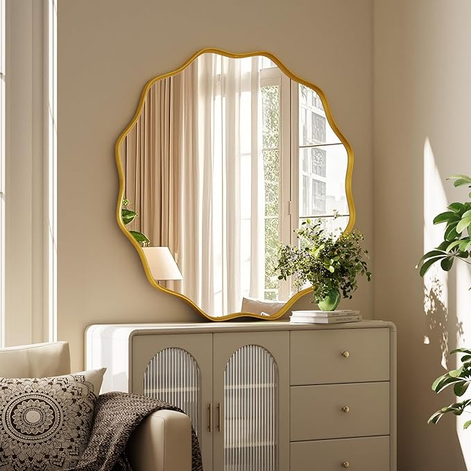 Round Wavy Mirror 36 Inch Bathroom Vanity Mirror Metal Frame Circle Wall Mounted Mirror for Bedroom Living Room Entryway Gold