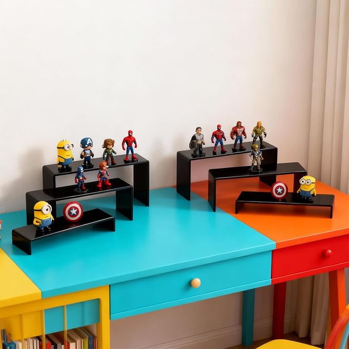 6 PCs Risers Display Stands 3 Tiers Desktop Acrylic Shelves Cake Dessert Holder Products Stand for Collectibles Shoes Jewels Pop Figure (Black)