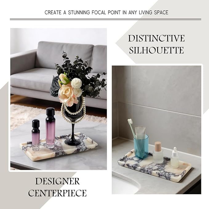 Luxury Natural Rectangle Marble Tray – 11.8 x 5.9-Inch Calacatta Viola Stone Vanity Tray, Modern Makeup Organizer for Perfume Skincare Products, Decorative Tray for Bathroom Coffee Table & Dresser