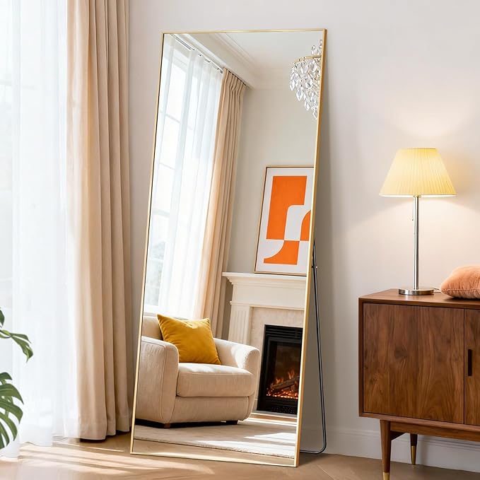 DUMOS Full Length Mirror with Stand, 56"x15" Floor Mirror with Aluminum Alloy Frame for Bedroom, Standing Full Body Mirror with Shatter-proorf Nano Glass for Wall, Living Room, Cloakroom, Gold