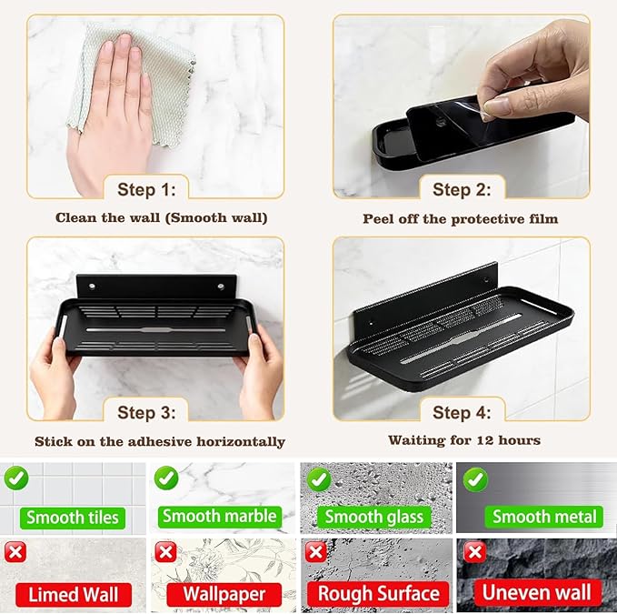 2pc Wall Mounted Floating Shelf, Self Adhesive Small Shelf, No Drill Shelves for Wall, Floating Shelves Damage-Free Expand Walls Space for Living Room Kitchen Bathroom (2, Black)