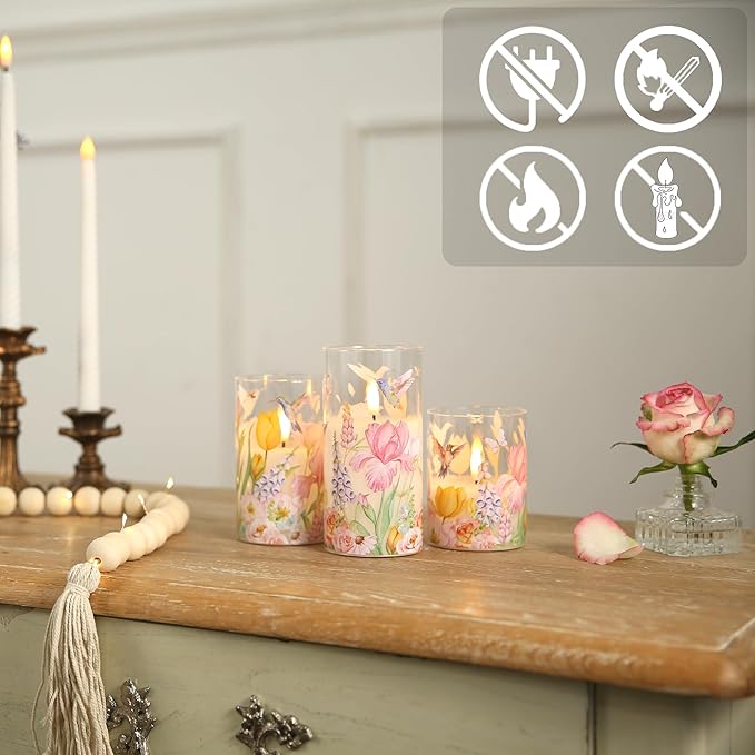 LUSHARBOR Flameless Candles with Remote, Battery Operated Glass Candles Hummingbird Flickering LED Electric Pillar Candles Real Wax Floral Christmas Decor Set of 3