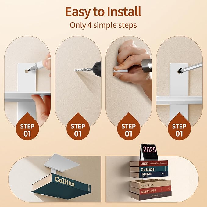 Professional Invisible Floating Book Shelves for Wall, 8 Tier Vertical Spine Book Tower Hanging Bookshelves, Wall Mounted & Space Saving, Heavy Duty Metal Book Organizer for Home Office, 4 Pack White