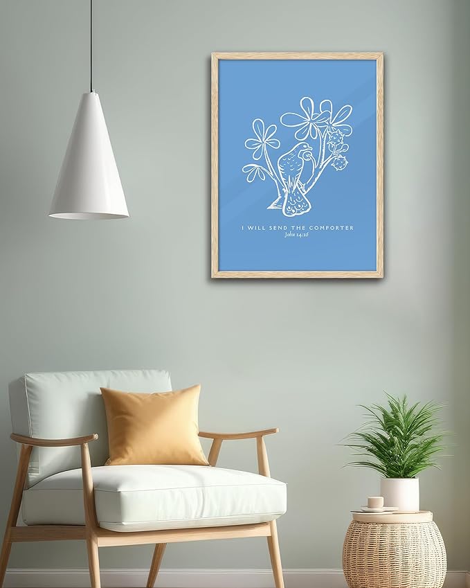 EcoHest OAK Wood Jesus Framed Wall Art, 12x16in John 14:16 I Will Send The Comforter Bible Verse Christian Wall Art, Modern Blue Bedroom Decor For Living Room Bathroom Christian Merch Gift 1Pack