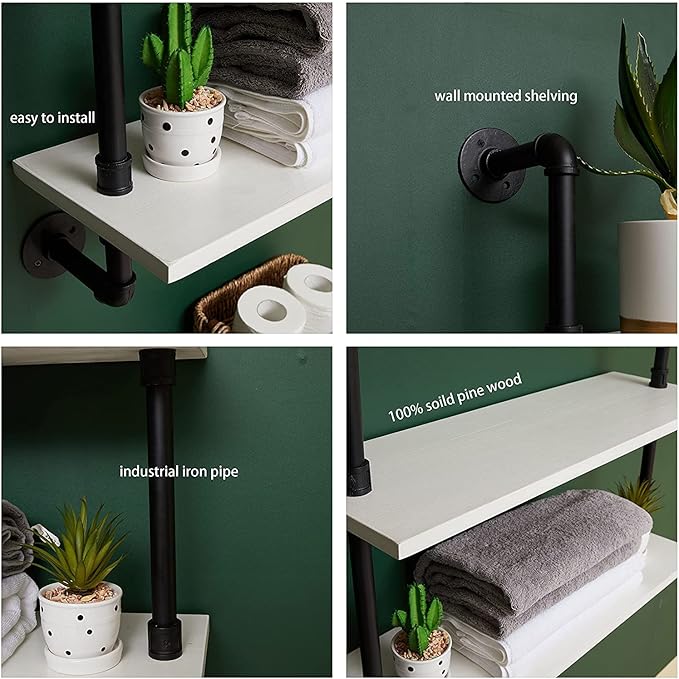 HDDFER Floating Bookshelf Bathroom Shelves Over Toilet Industrial Pipe Shelving Pipe Shelves Rustic White Wall Shelves 36 Inch Farmhouse Book Shelves for Wall Mounted