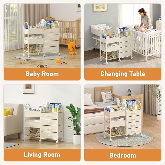 Baby Organizer and Storage Cart, 4-Tier Rolling Utility Cart with Wheels, Dividers and Drawers, Easy to Assemble for Nursery, Bedroom & Changing Table, White