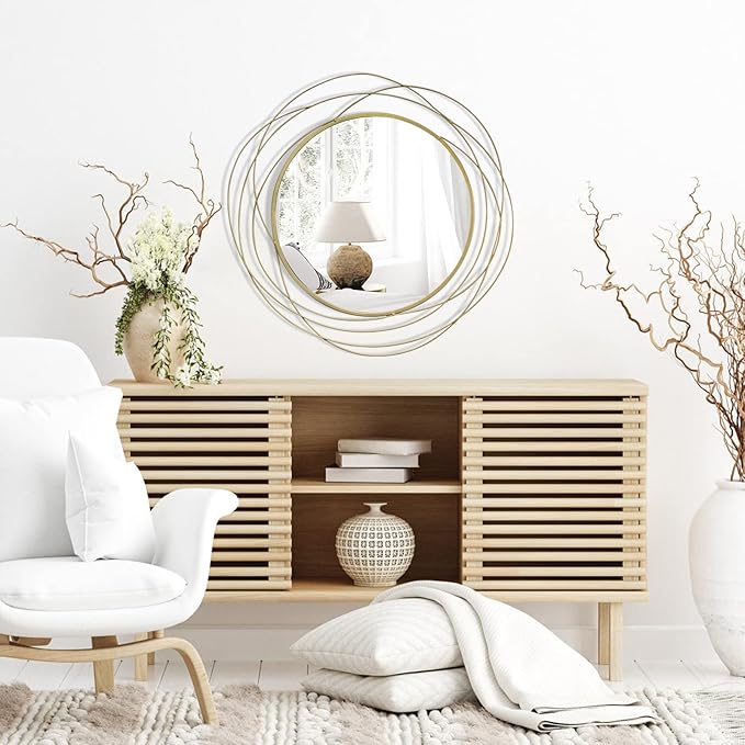 HQiJun Round Wall Mirror - 26.8" Large Gold Circle Mirror for Wall with Art Decorative Durable Metal Frame, Modern Hanging Mirror for Bathroom Over Sink, Bedroom, Entryway, Vanity or Living Room
