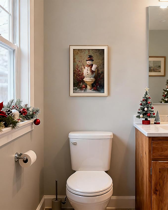 VIYYIEA Winter Framed Wall Art for Living Room, Snowman in Bathroom Canvas Prints, Oil Painting Home Decor, Christmas Picture, Bathroom Wall Decor Gifts for Friends or Family - 16L x 12W