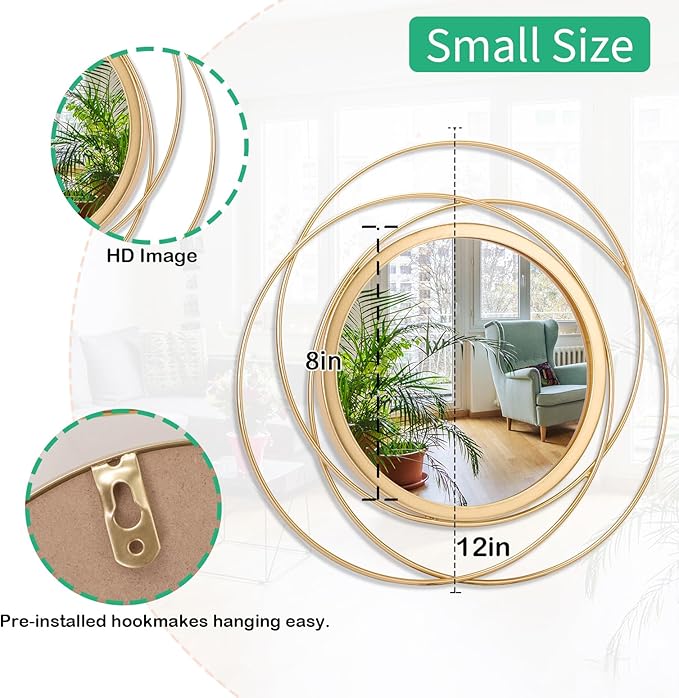 2 Pcs Decorative Circle Wall Mirror Gold Round Modern Mirrors Wall Art Ring Metal Wall Decor Wall Mounted Mirror for Bedroom Living Room Entryway Hallway