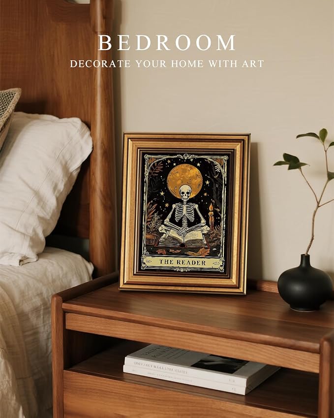 HUARCEY Gold Framed Canvas Wall Art, Skeleton Reader Tarot Picture Decor, Library Reading Room School Decor, Book Lover Witchy Gothic Halloween Canvas Paintings, 8x10inch