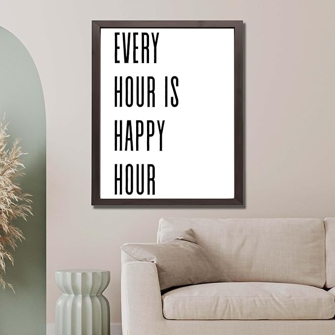 InkFlow Posters Every Hour Happy Hour Poster - Minimal Typography Quote Illustration - Modern Bar Kitchen Wall Decor - Simple Black White Design - 16x20 Unframed Canvas Print