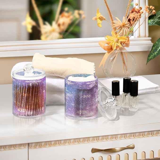 Nander 2Pack Stars and Snowflakes Qtip Holder Dispenser -Clear Plastic Apothecary Jars Set - Restroom Bathroom Makeup Organizers Containers for Cotton Swab, Ball, Pads, Floss
