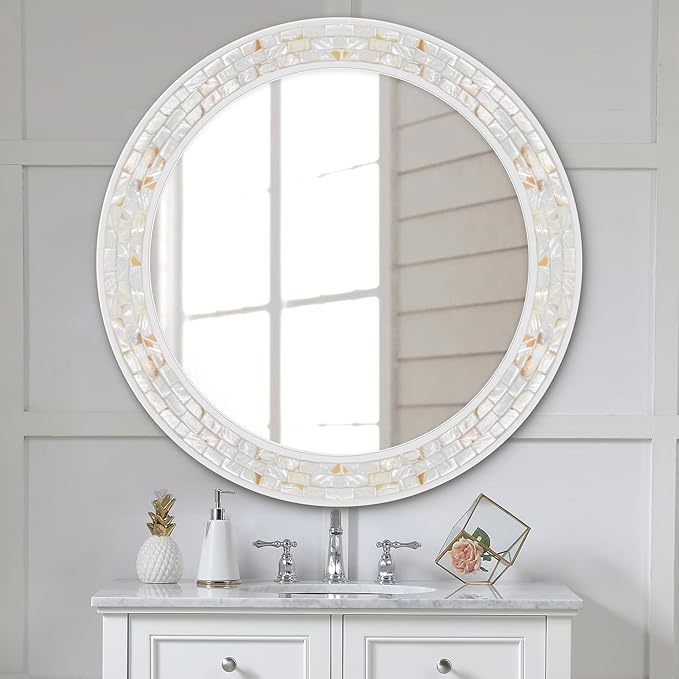 Tanmicoshomy Round Bathroom Mirror 28 Inch,Circle Mosaic Wall Mirrors with Natural Shell Frame, Decorative Coastal Mirrors for Bathroom Bedroom Living Room or Entrayway