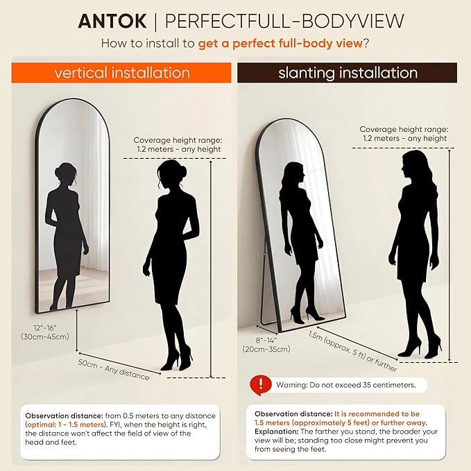 Antok 71" x32” Arched Full Length Floor Mirror, Black Aluminum Frame, Free Standing/Wall Mount/Leaning for Bedroom, Living Room, Dressing Room