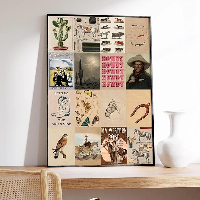 KBKBART 50 Pcs Vintage Western Cowboy Pictures Wall Decor, Farmhouse Western Wall Art Prints, Southwestern Boho Old Wild Collage Kit 4"x6", Vintage Cowgirl Aesthetic Poster for Bedroom, Teen Girl Dorm Decor