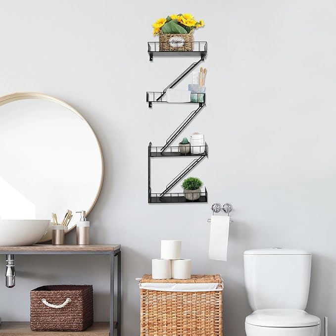 Zonon Fire Escape Wall Shelf Hanging Metal Ladder Shelves Wall Decor Cool Bookshelf Organizer Floating Shelves Action Figure Shelf for Home Bedroom Storage Display(Black,4 Tier)