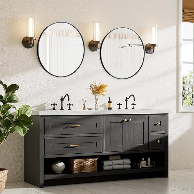 Bathroom Mirror for Wall, 20 Inch Round Mirror, Matte Black Metal Framed Circle Vanity Mirror for Bathroom Bedroom Living Room Entryway, Anti-Rust, Tempered Glass, Hanging or Leaning