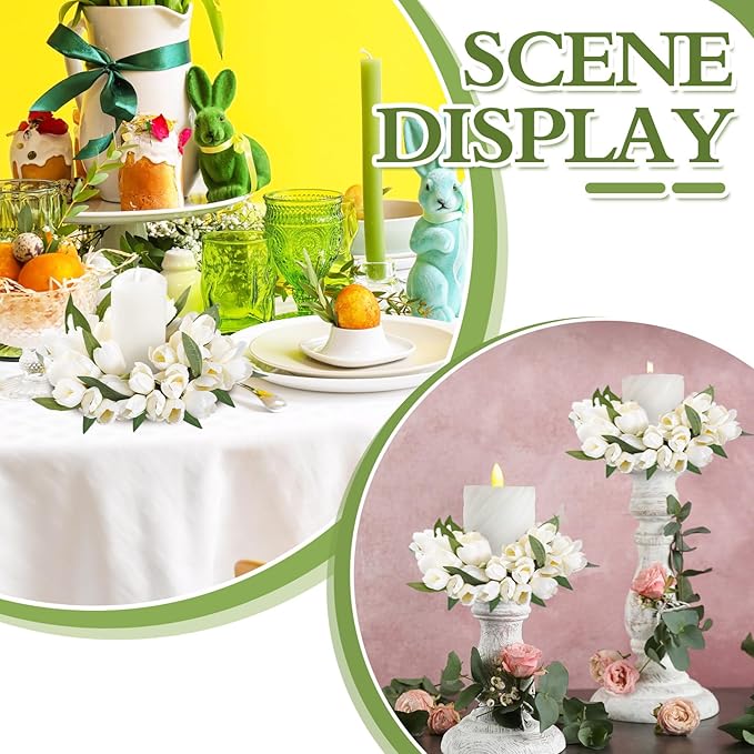 Daifunli 2 Pcs Spring White Tulip Candle Ring Vibrant Floral Candle Wreath Ring for Pillar 3.9 Inch Candles Holder for Wedding Holiday Dining Table Centerpiece Decor