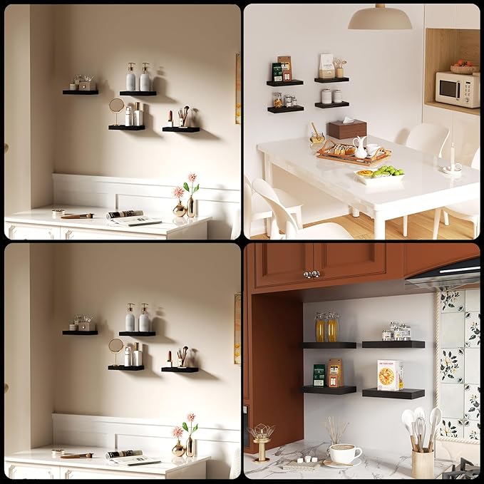 Floating Shelves for Wall, Bathroom Shelves Over Toilet, Wall Shelves & Book Shelf for Room, Hanging Shelf, Modern Wooden Wall-Mounted Small Floating Shelves, 12x7x1.5 in (Black, Set of 4)