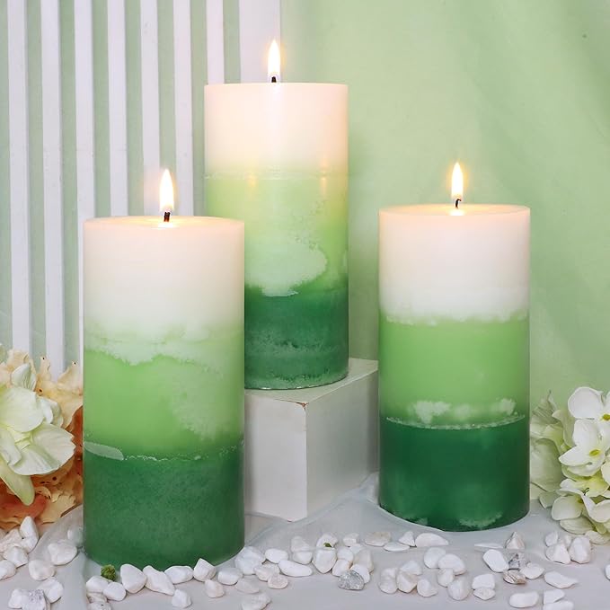 Pillar Candles 3x6 Inch Eucalyptus Scented Hand-Poured 3-Layers Green Gradient Decorative Candle Long Burning Candle for Home Scented Relaxation Spa Holiday Dinner Table, Set of 3