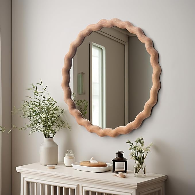 Irregular Wall Mirror,Wood Round Farmhouse Mirror Unique Vanity Mirror,36" Nature Wooden Modern Bathroom Mirror for Washroom Living Room Bedroom