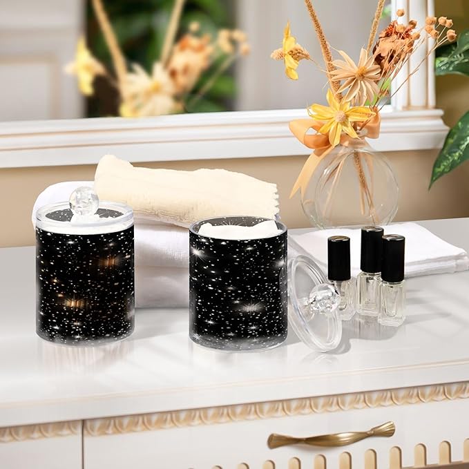 Nander 4Pack Spark Star Background Qtip Holder Dispenser -Clear Plastic Apothecary Jars Set - Restroom Bathroom Makeup Organizers Containers for Cotton Swab, Ball, Pads, Floss
