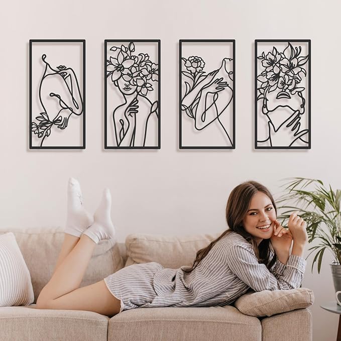 Bakovity Black Metal Wall Decor, Abstract Woman Wall Art, Minimalist Line Decor, Modern Aesthetic Metal Wall Art for Bedroom Bathroom Living Room (4 Pcs, 17 x 9 in)