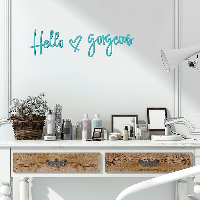 Blulu Hello Gorgeous Wall Decor Sign Hello Gorgeous Wall Art Minimalist Wooden Words Decor for Lash Room, Salon, Vanity or Makeup Room, Bathroom, Bedroom, Office(Blue)