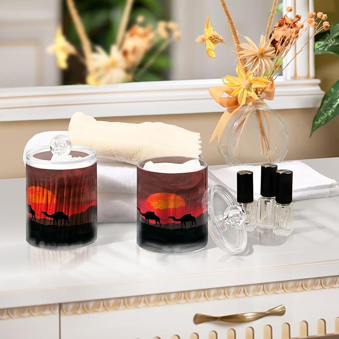 Nander 2Pack Sunset Desert Camel Qtip Holder Dispenser -Clear Plastic Apothecary Jars Set - Restroom Bathroom Makeup Organizers Containers for Cotton Swab, Ball, Pads, Floss