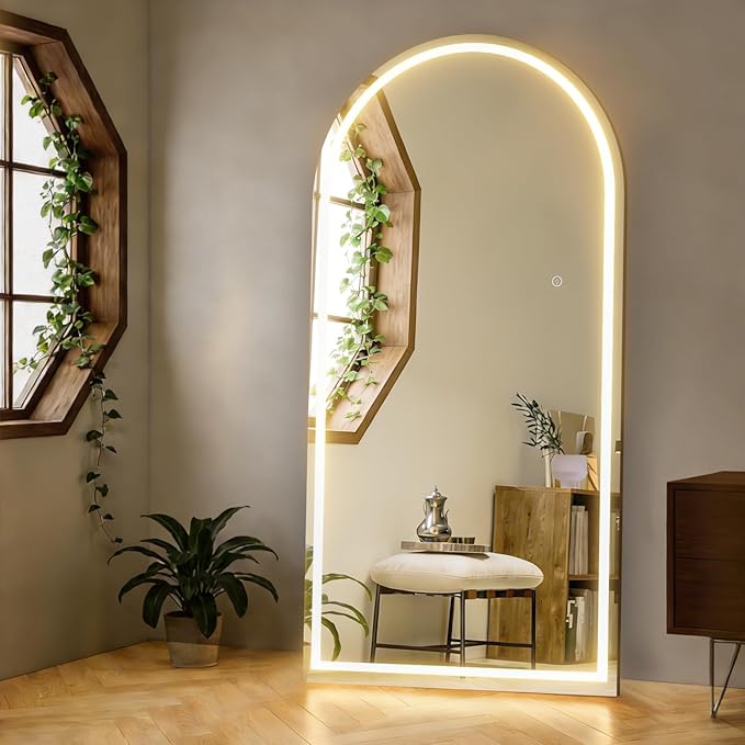 Arched 180x80cm Full Body Mirror with Light, LED Floor Mirror, Wall Mounted Dimming & 3 Color Lighting for Bedroom, White