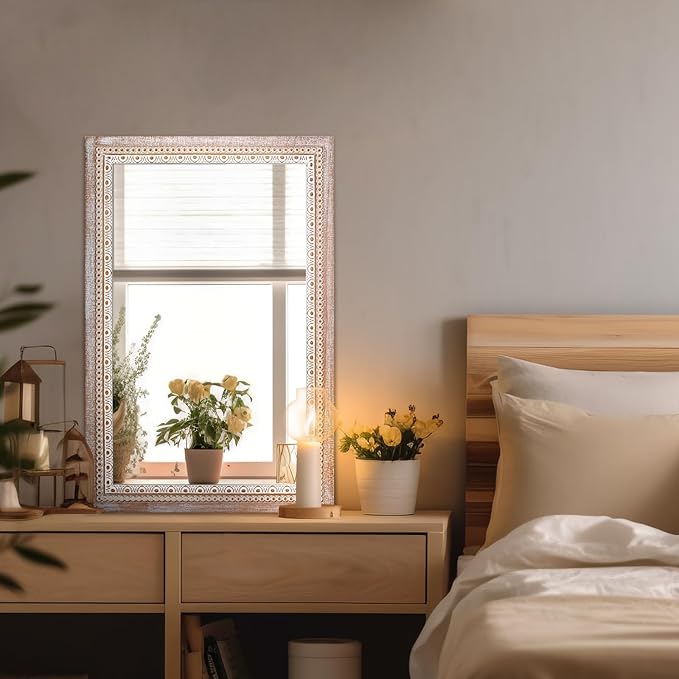 36x24 Inch Rustic Farmhouse Rectangle Bathroom Mirror Decorative, Boho Wooden Rectangular Mirrors for Wall Decor, Over Sink, Living Room, Entryway - Horizontal/Vertical Mounting