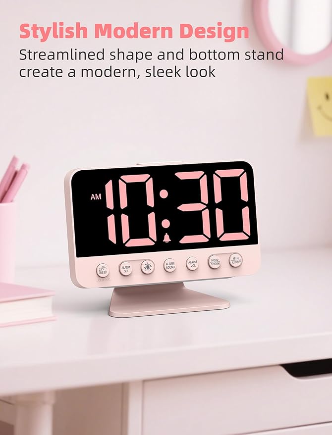 Odokee Digital Alarm Clocks for Bedrooms: Large Bold Number 5 Brightness Dimmer - Easy to Read Across The Room - 5 Alarm Sound 8 Night Light - Sakura Pink