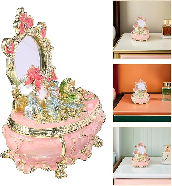 Beaupretty Enamel Jewelry Box Dressing Table Decor Metal Trinket Organizer with Hinged Lid for Women’s Rings Earrings Storage Makeup Room Accessory