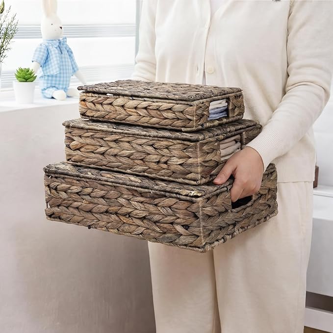 3 Pcs Wicker Storage Baskets with Lids 16" 14" 12" Water Hyacinth Pantry Baskets Woven Organizers Decorative Storage Boxes for Organizing Shelves, Bedroom, Living Room(Black)