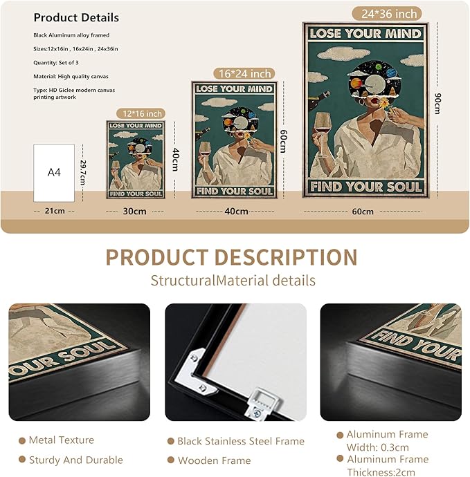 Framed Art Vintage Lose Your Mind Find Your Soul Poster Mental Health Quote Canvas Wall Art Posters Cool Unique Music Girl Print Painting Abstract Wall Decor for Bed Room Bathroom 24x36in