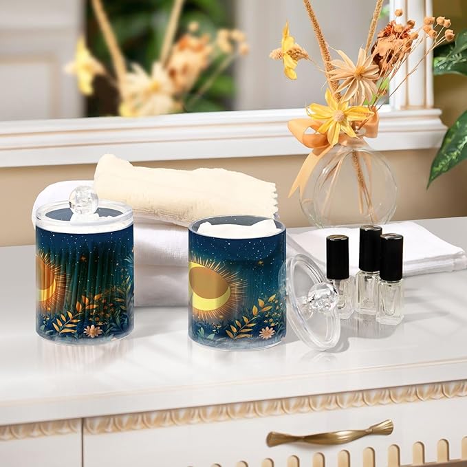 Nander 4Pack Sun and Moon Qtip Holder Dispenser -Clear Plastic Apothecary Jars Set - Restroom Bathroom Makeup Organizers Containers for Cotton Swab, Ball, Pads, Floss