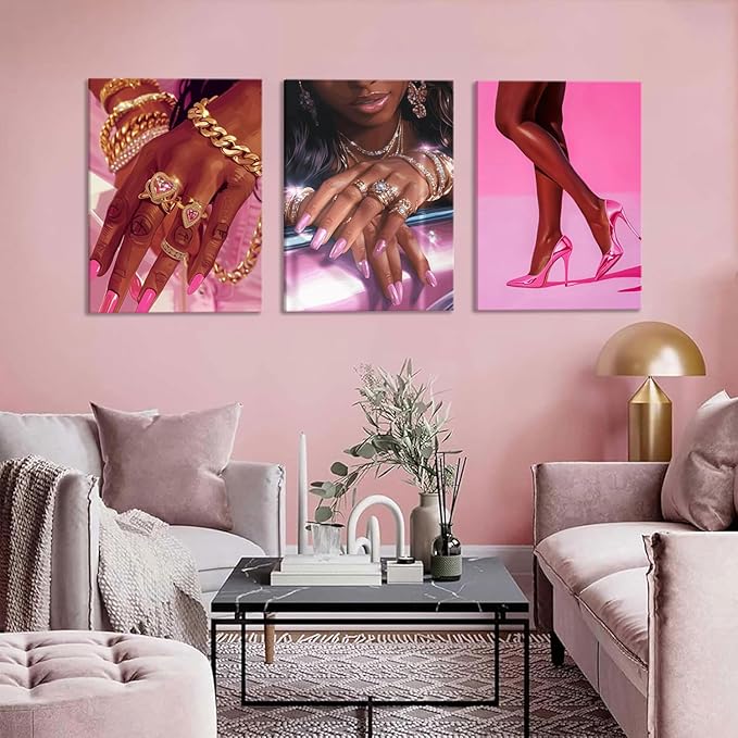Pink Fashion Black Girl Canvas Wall Art Set of 3 African American Black Woman Posters Wall Decor Fashion Black Woman Pictures Prints for Living Room Bedroom Artwork Home Decoration 16x24Inch Framed