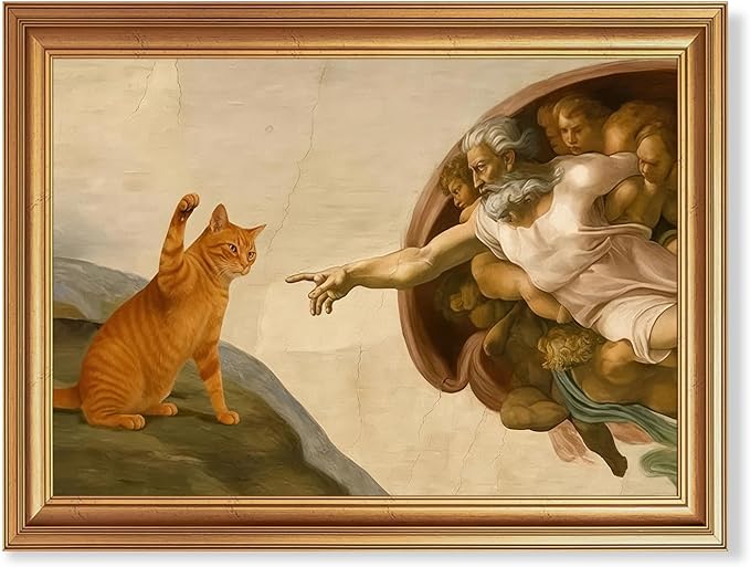 Fantasy Artists Divine Feline Encounter Gold Framed Wall Art, Easy to Hang Fade Resistant Religious Art Prints, Modern Angel & Cat Painting for Bedroom, Living Room, Bathroom, Home Office, 12x16 inch