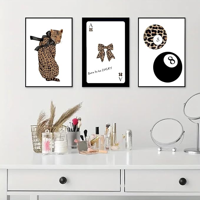 Set of 3 Trendy 8 Ball Leopard Wall Art Ace Card Bow Wall Decor Pictures Funky Born To Be Lucky Posters Prints Preppy Aesthetic Cheetah Room Decor for Girls Bedroom Apartment Dorm Unframed 12x16in